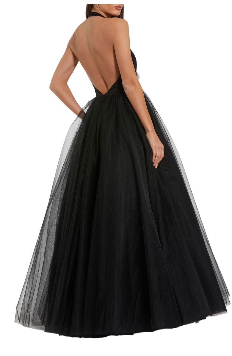 Mac Duggal Women’s Jersey Halter Ballgown with Tulle Skirt and Floral Detail, Alternate, color, Black