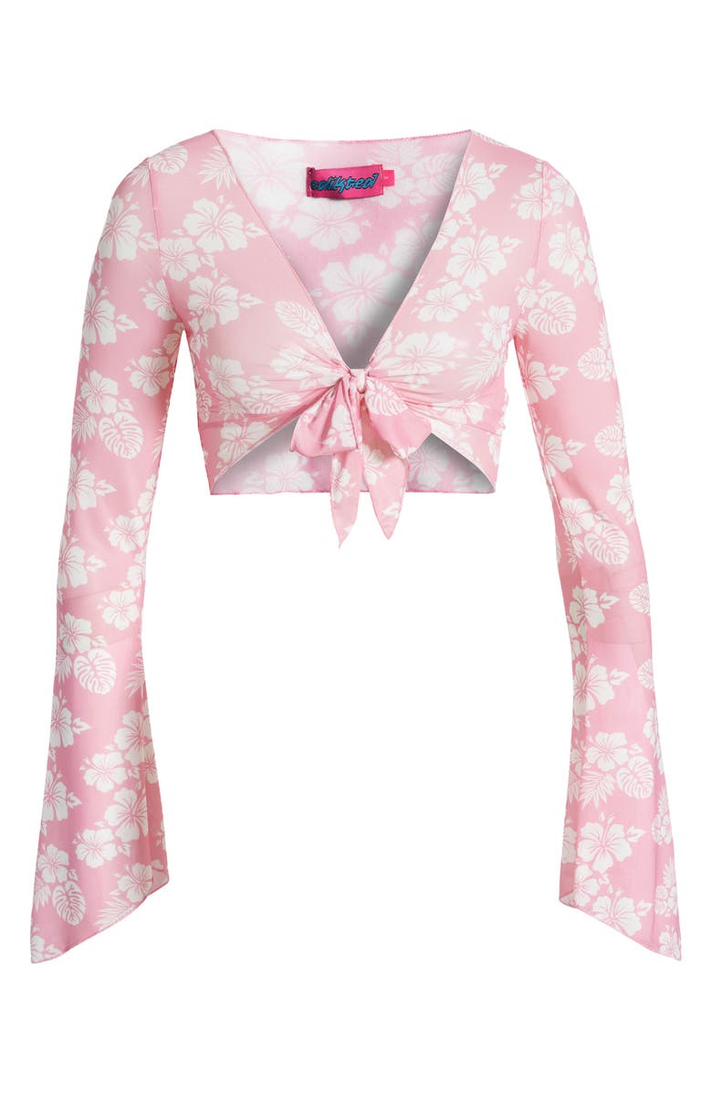 EDIKTED Hibiscus Print Tie Front Mesh Cover-Up Crop Top, Alternate, color, 