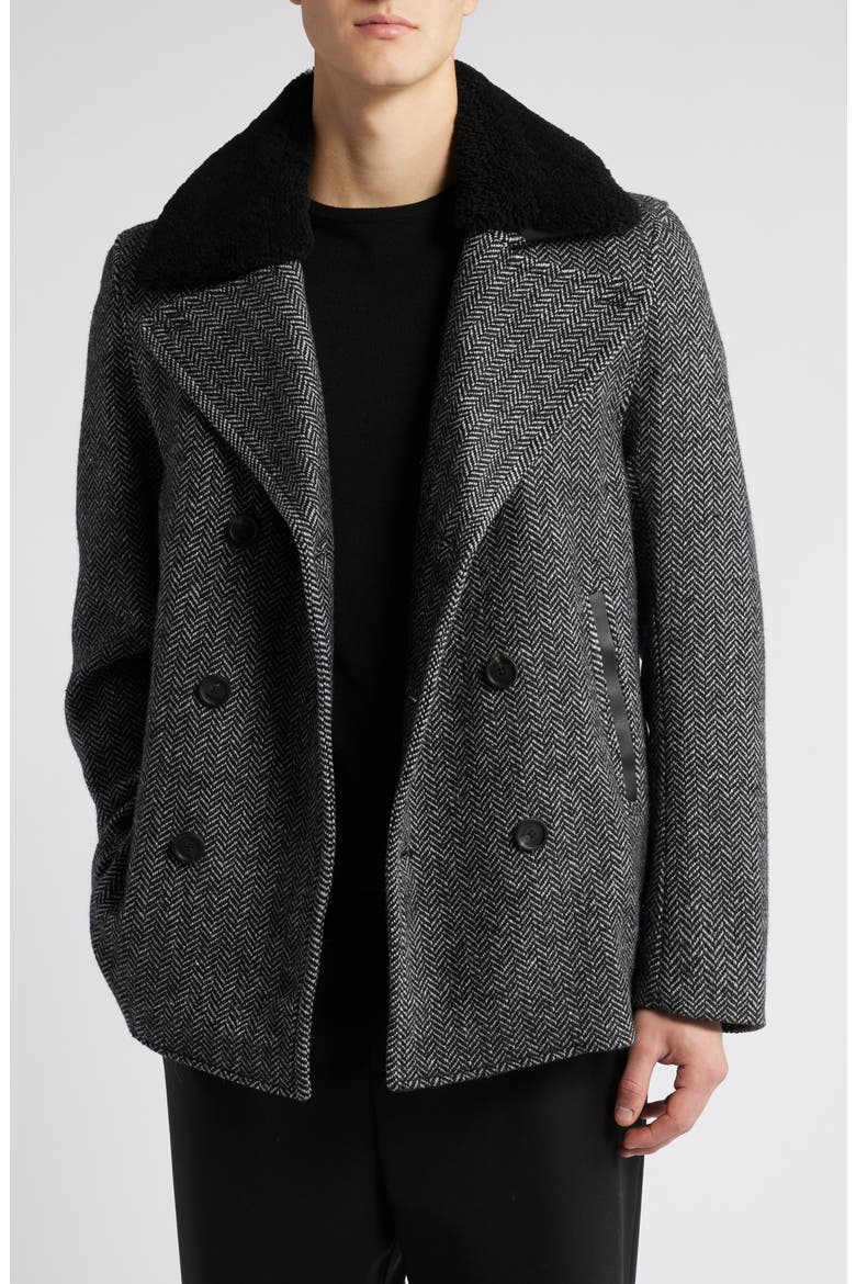 Cole Genuine Shearling Collar Wool Blend Peacoat, Main, color, BLACK-WHITE