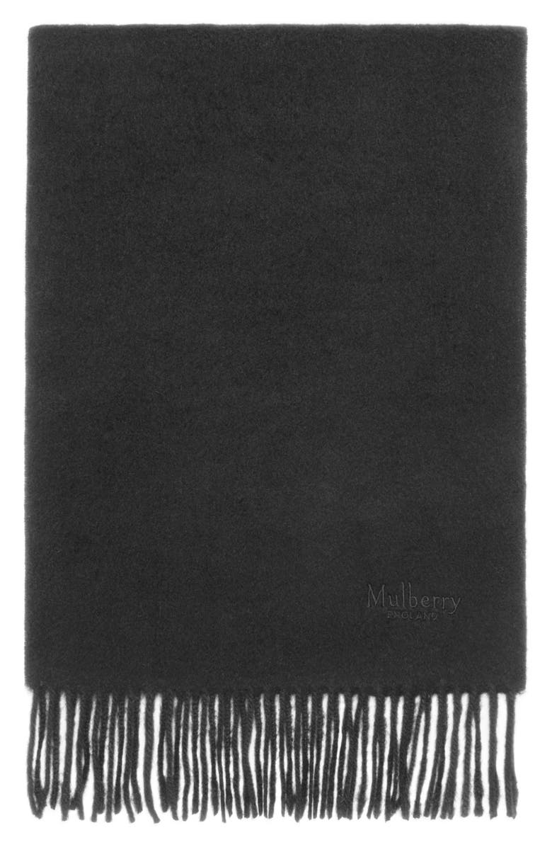 Mulberry Embroidered Logo Fringe Trim Cashmere Scarf, Main, color, Black