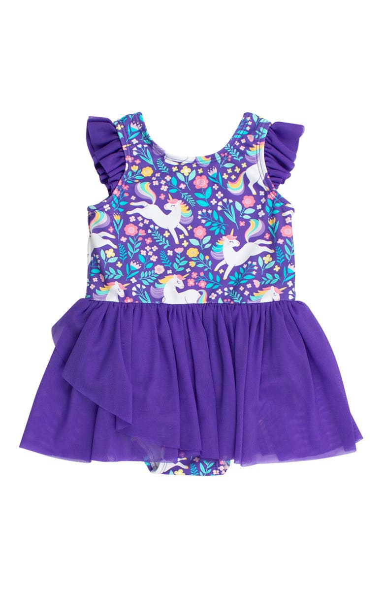 RuffleButts Girls Flutter Sleeve Leotard, Main, color, Unicorn Meadow