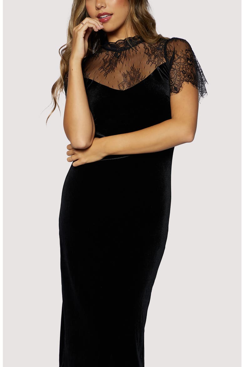 Fiorella Lace Velvet Maxi Dress, Alternate, color, BLACK