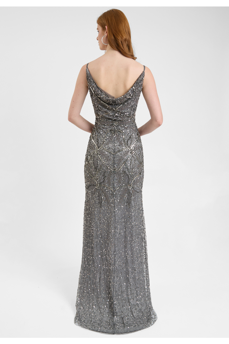 Embellished Sequin Beaded Maxi Dress With Cowl Neck, Alternate, color, CHARCOAL