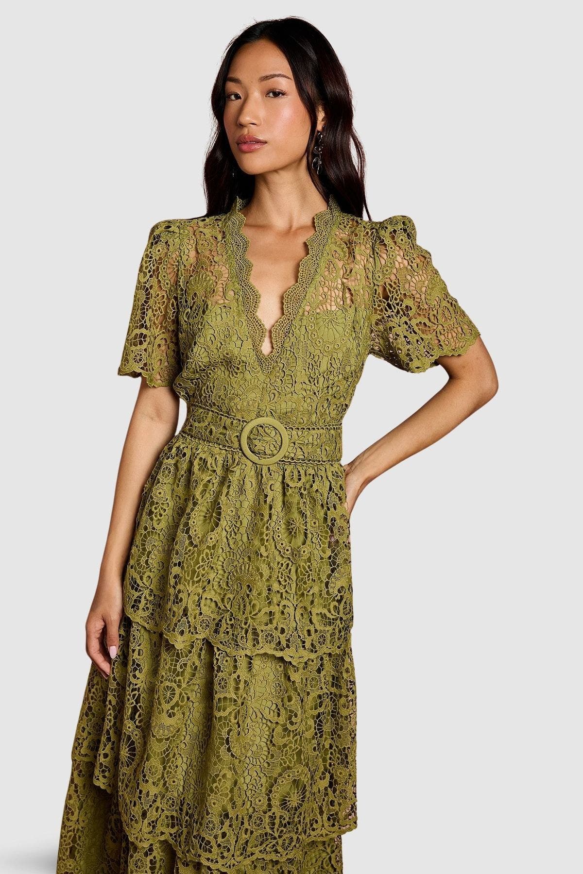 Short Sleeve Tiered Lace Midi Dress - image 2
