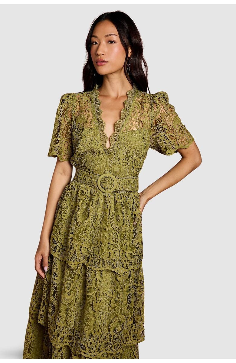 Coast Short Sleeve Tiered Lace Midi Dress, Alternate, color, Olive