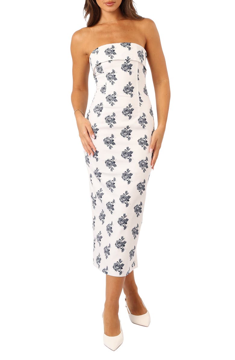 Petal & Pup Toni Floral Strapless Midi Dress, Main, color, Off White
