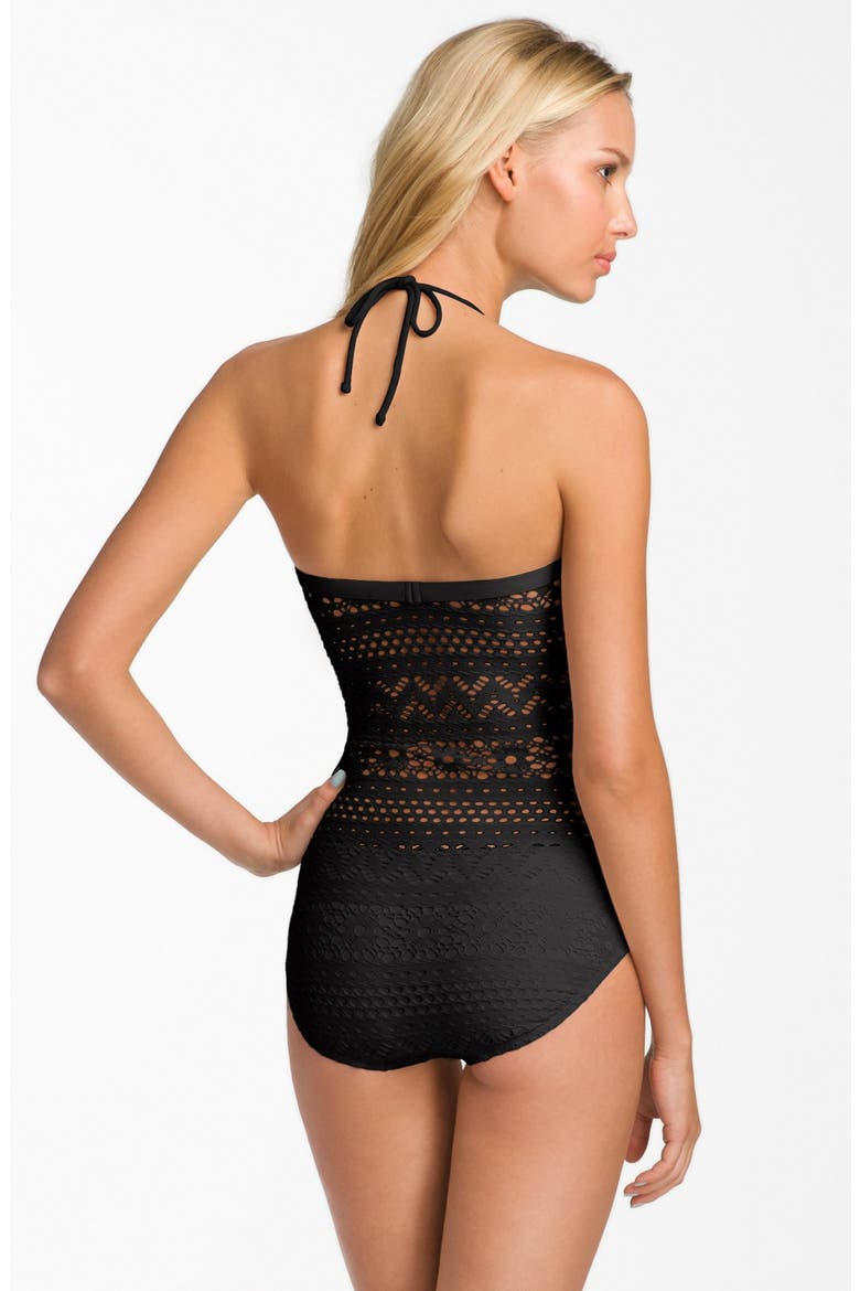 'Penelope' Crochet Overlay One-Piece Swimsuit, Alternate, color, BLACK