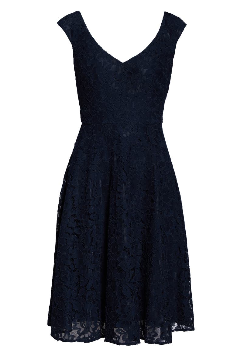 Lace Fit & Flare Dress, Alternate, color, NAVY