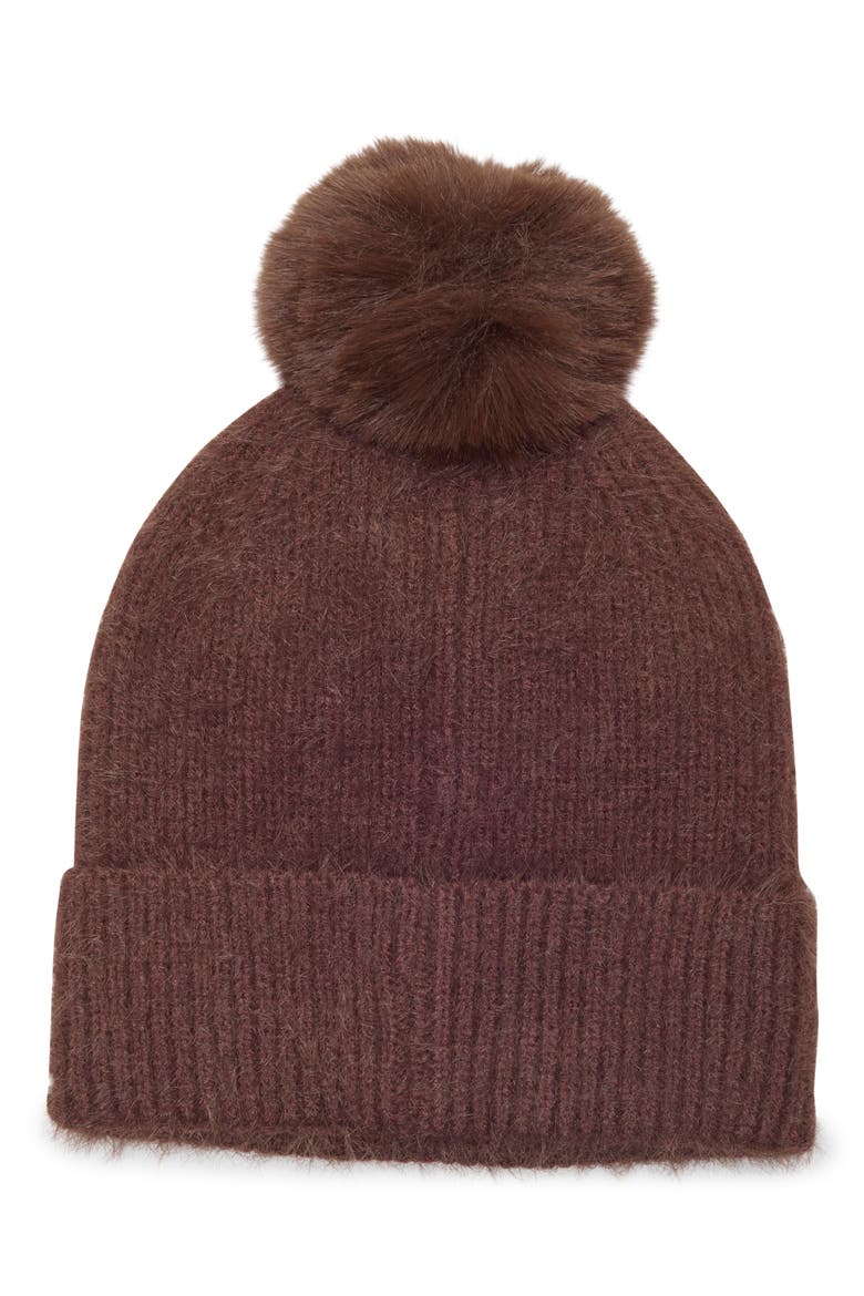 Crystal Star & Faux Pearl Embellished Faux Fur Pom Beanie, Alternate, color, CHOCOLATE
