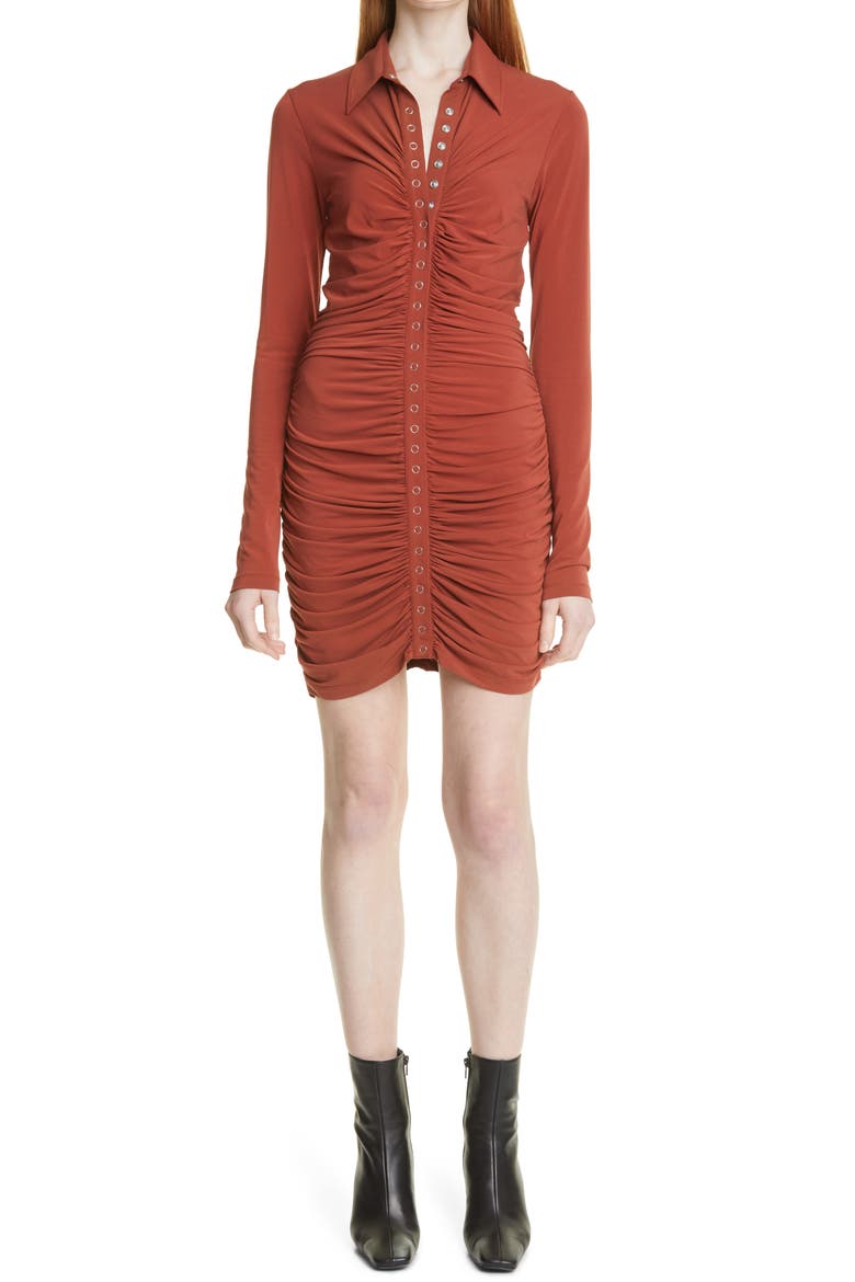 Larsen Ruched Long Sleeve Minidress, Main, color, BRANDY BROWN