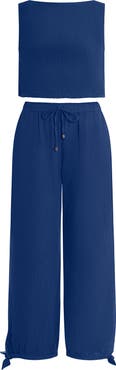 Lauren Ralph Lauren Sleeveless Cotton Top & Wide Leg Pants Cover-Up Set