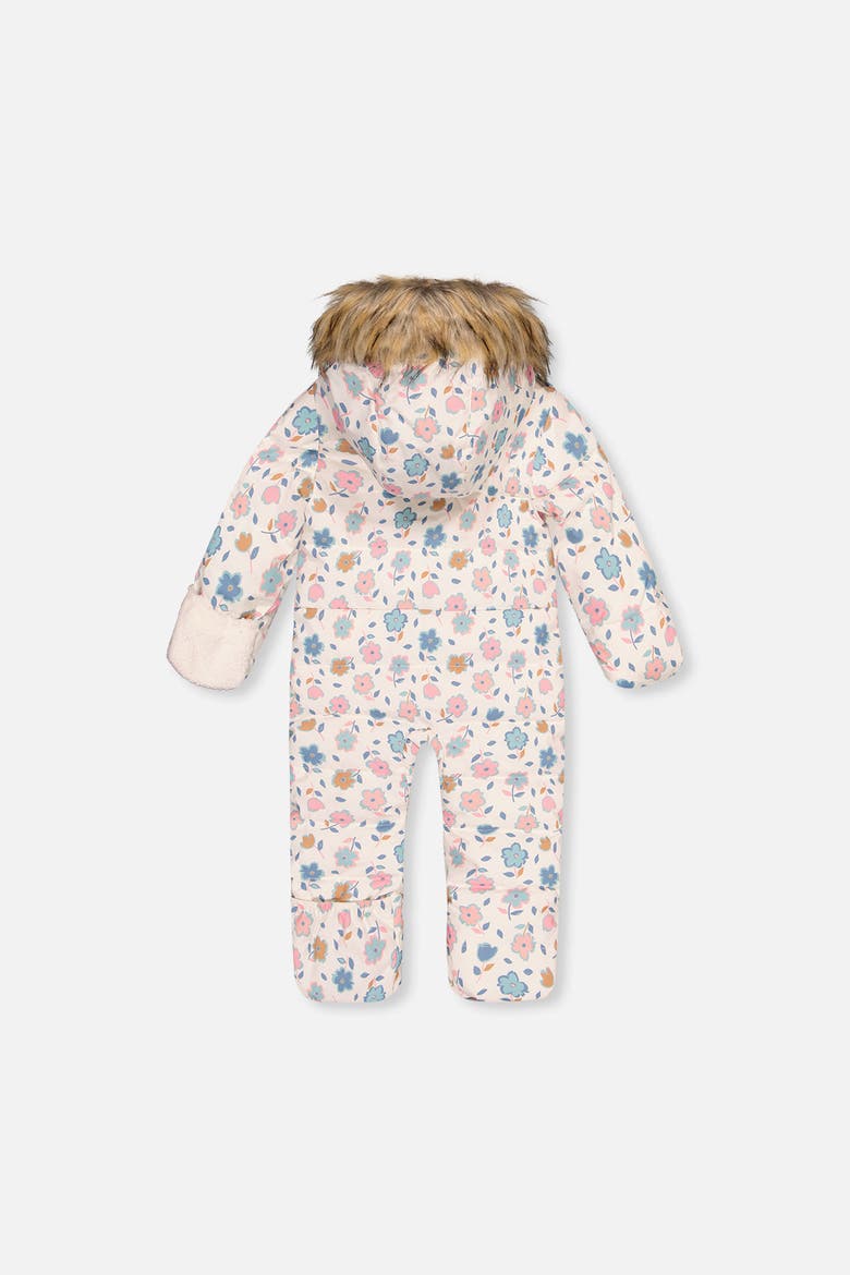 Floral Snug Car Seat Fleece Neckwarmer One Piece Snowsuit, Alternate, color, White with Floral Print