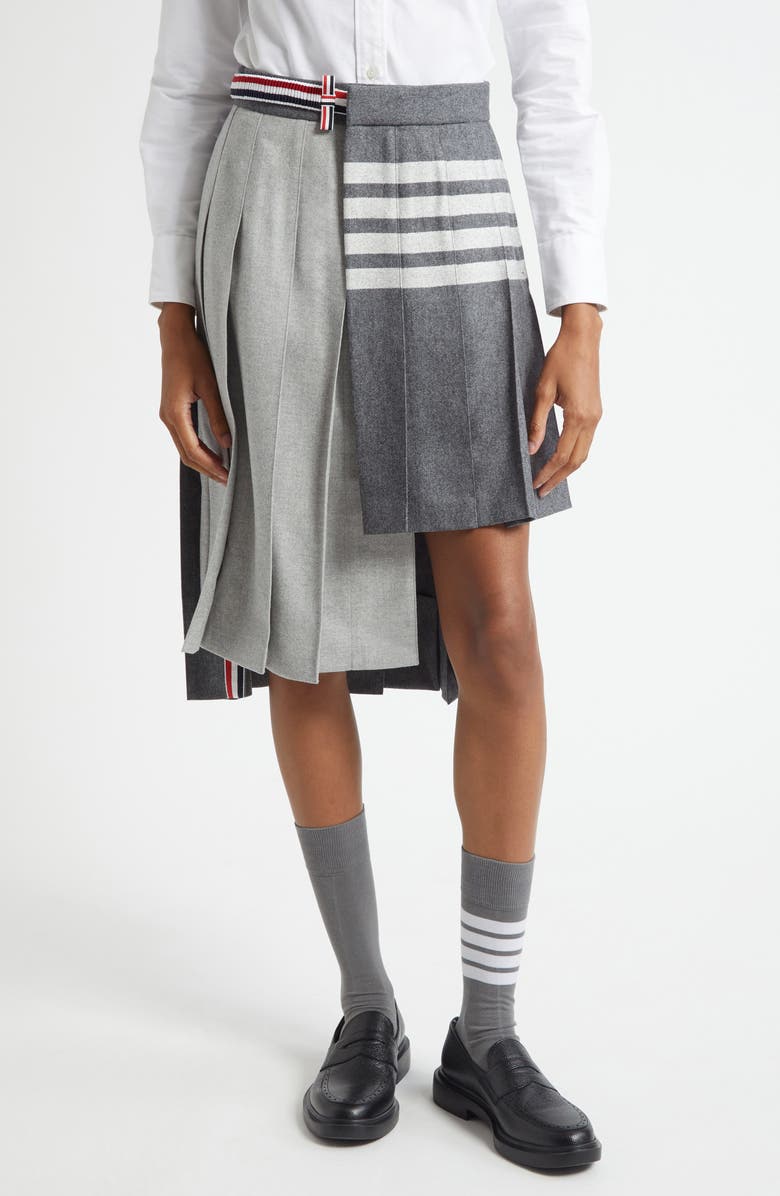 Thom Browne Pleated Asymmetric Mixed Media Wrap Skirt, Main, color, Medium Grey