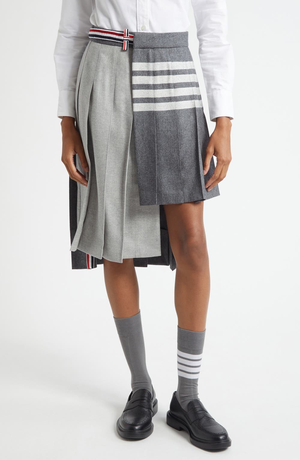 Pleated Asymmetric Mixed Media Wrap Skirt, color, MEDIUM GREY