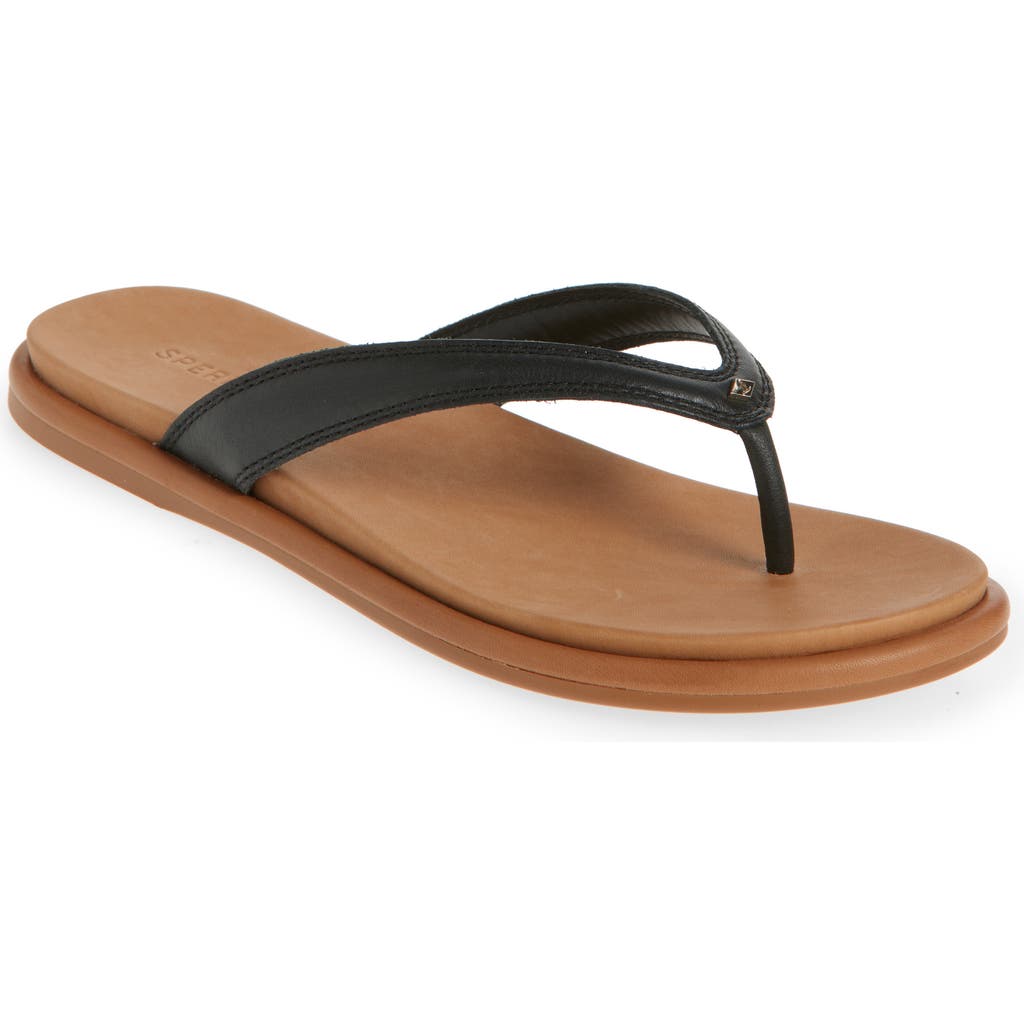 Sperry Isla Flip Flop In Black Leather Smooth