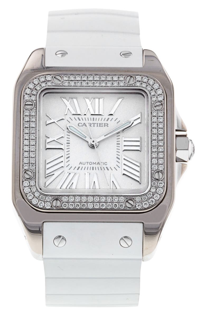 Watchfinder & Co. Cartier Preowned Santos 100 Diamond Rubber Strap Watch, 32mm, Main, color, 