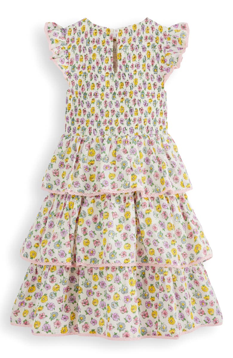 Mini Boden Kids' Lace Trim Smocked Bodice Tiered Cotton Dress, Alternate, color, Soft Ivory Rosa