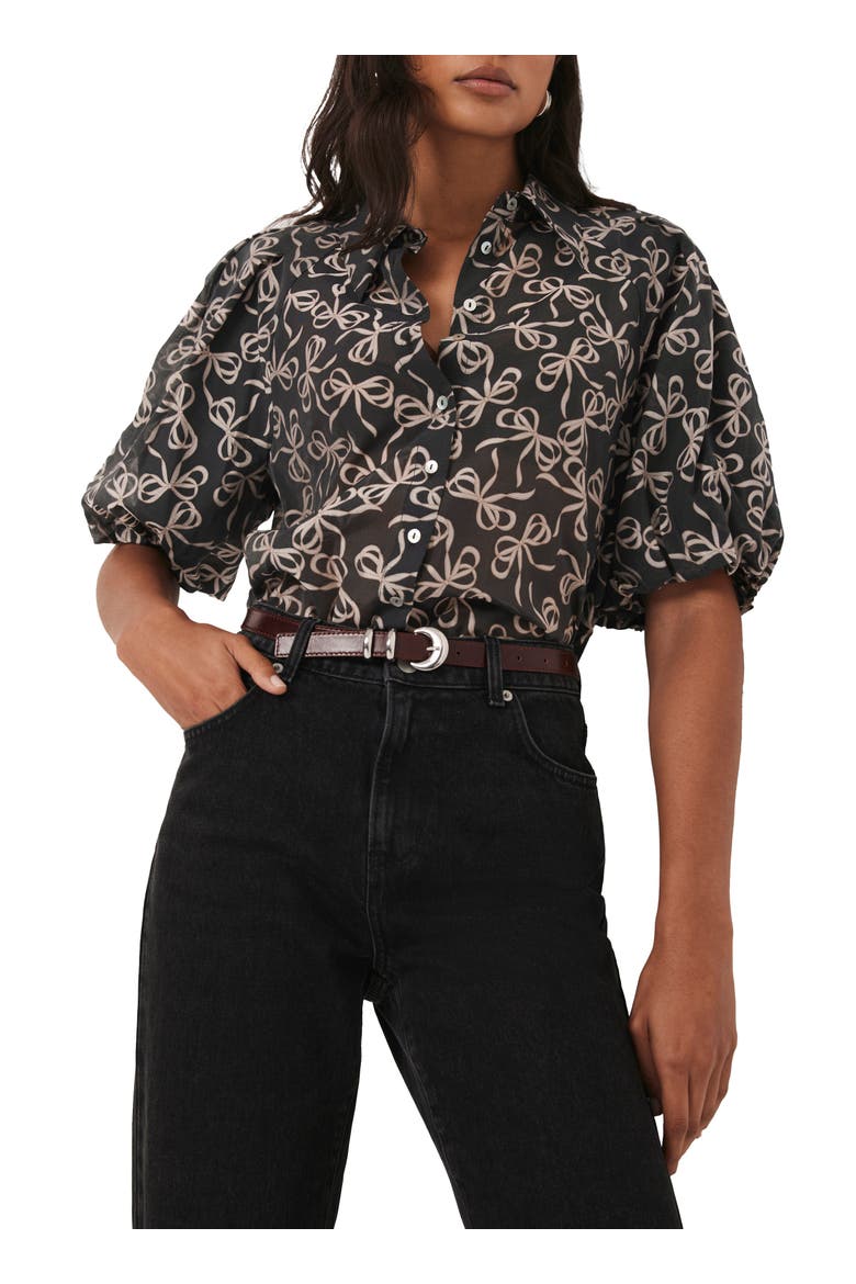 Bow Print Cropped Shirt, Main, color, Black