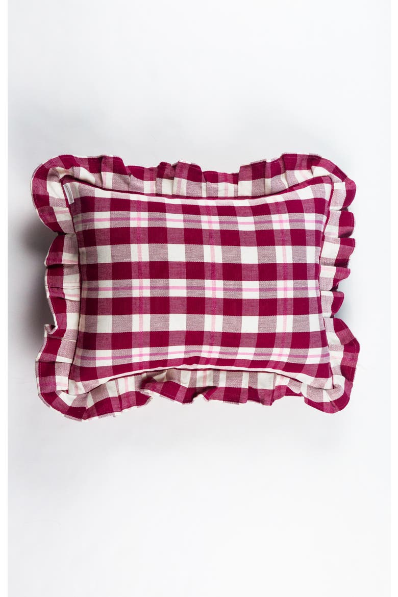 Abigail Cranberry Handwoven Cotton Plaid Ruffle Pillow, Main, color, Burgundy
