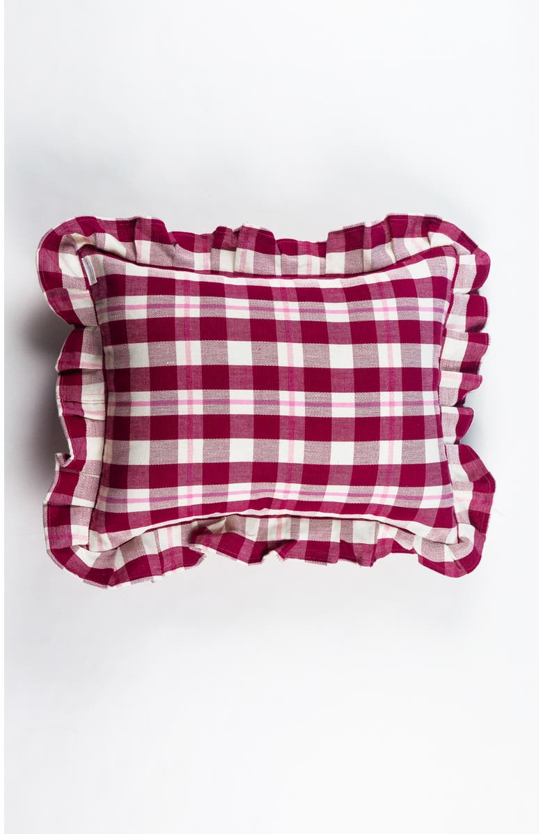 Archive New York Abigail Cranberry Handwoven Cotton Plaid Ruffle Pillow, Main, color, Burgundy