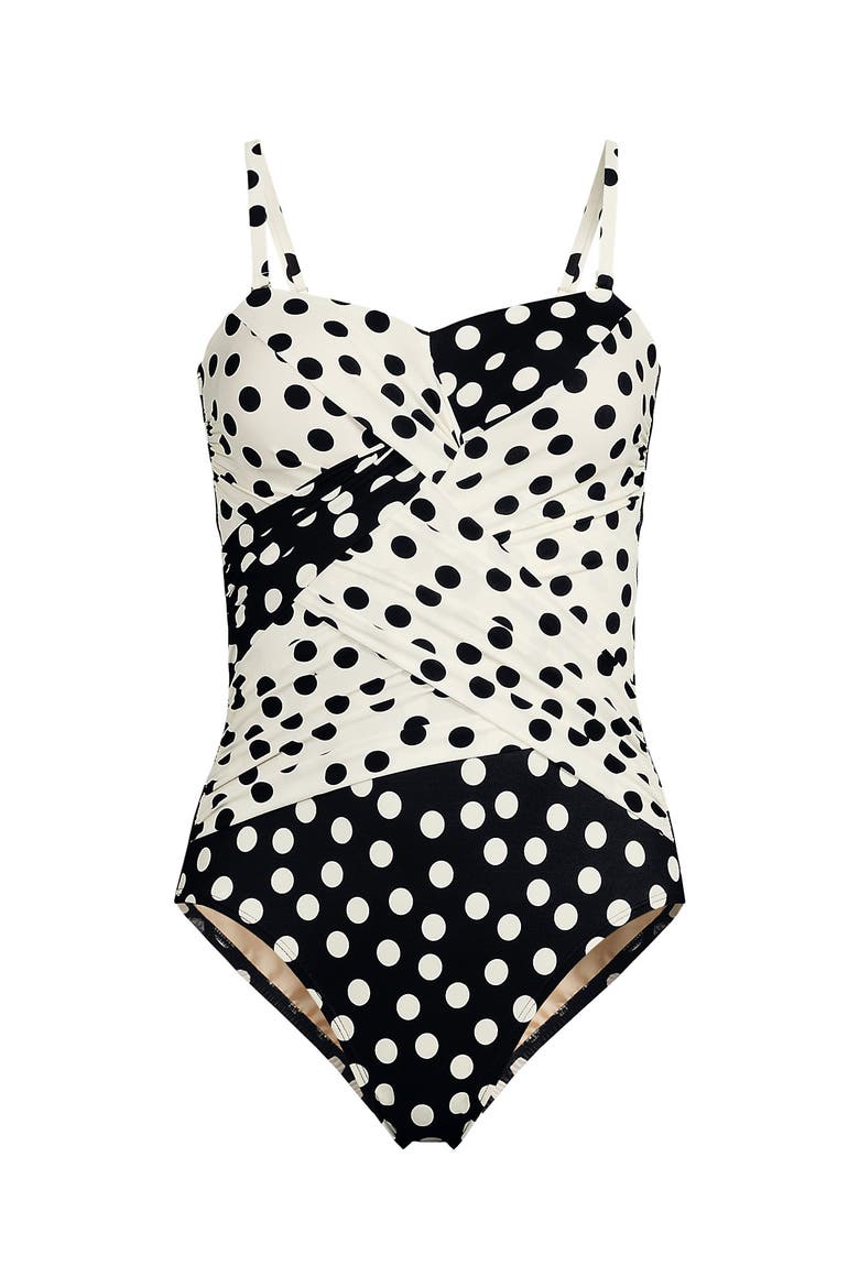 Slender Suit Shine Bandeau Tummy Control Chlorine Resistant High Leg One Piece Swimsuit, Alternate, color, Black/Egret Mixed Tossed Dots