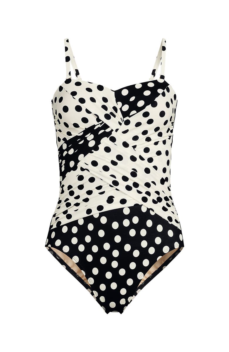 Lands' End Slender Suit Shine Bandeau Tummy Control Chlorine Resistant High Leg One Piece Swimsuit, Alternate, color, Black/Egret Mixed Tossed Dots