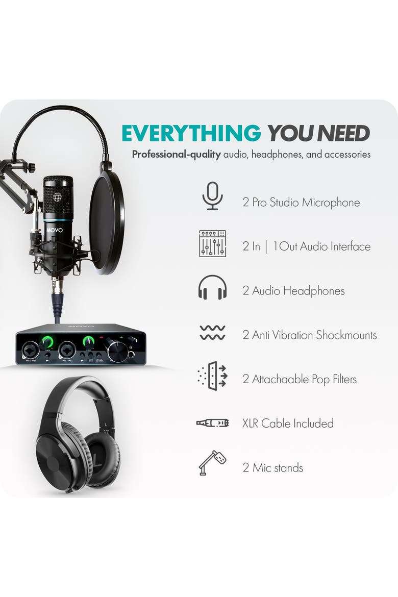 PodKit2AH Podcast Equipment Bundle for 2 Condenser Microphone Kit with USB Audio Interface for Computers, Alternate, color, Black