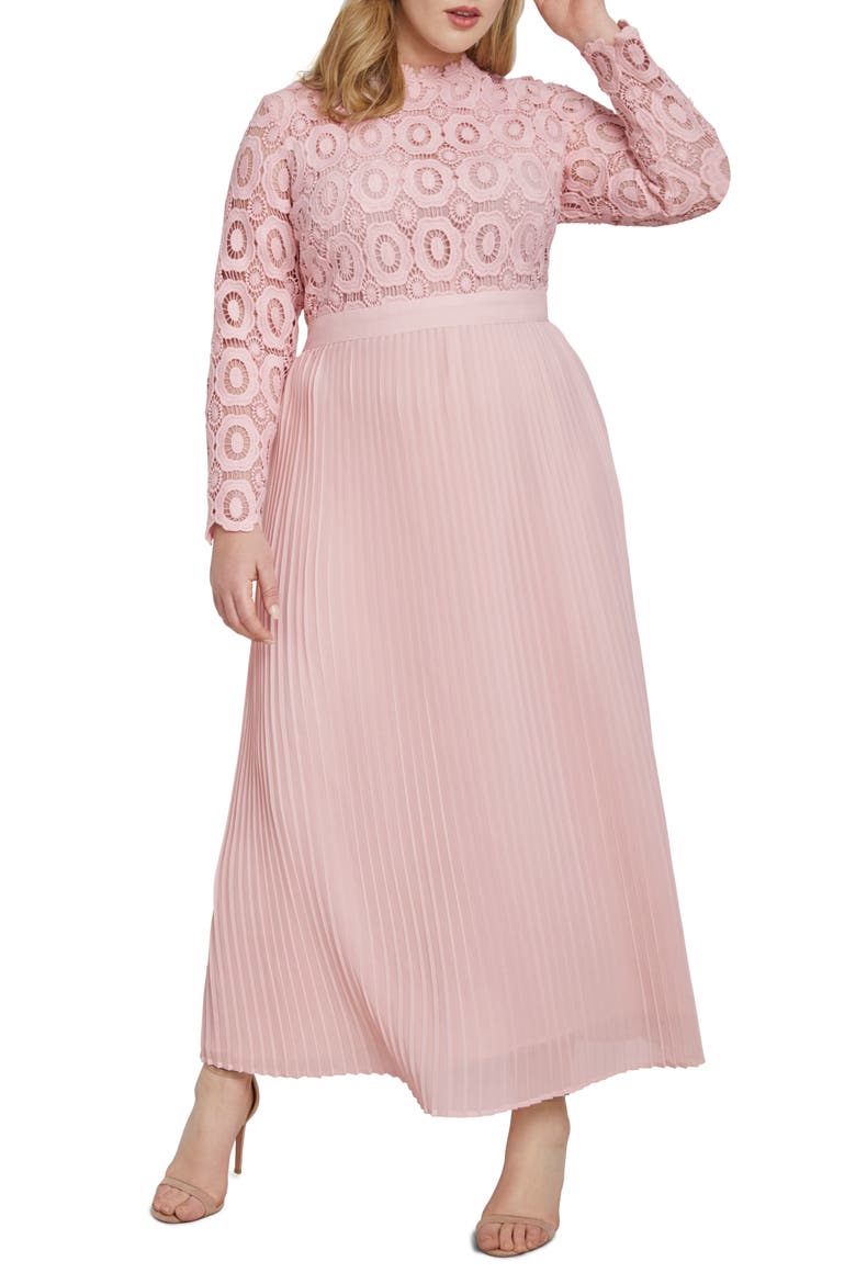 Lace Bodice Pleated Long Sleeve Evening Dress, Main, color, PALE PINK