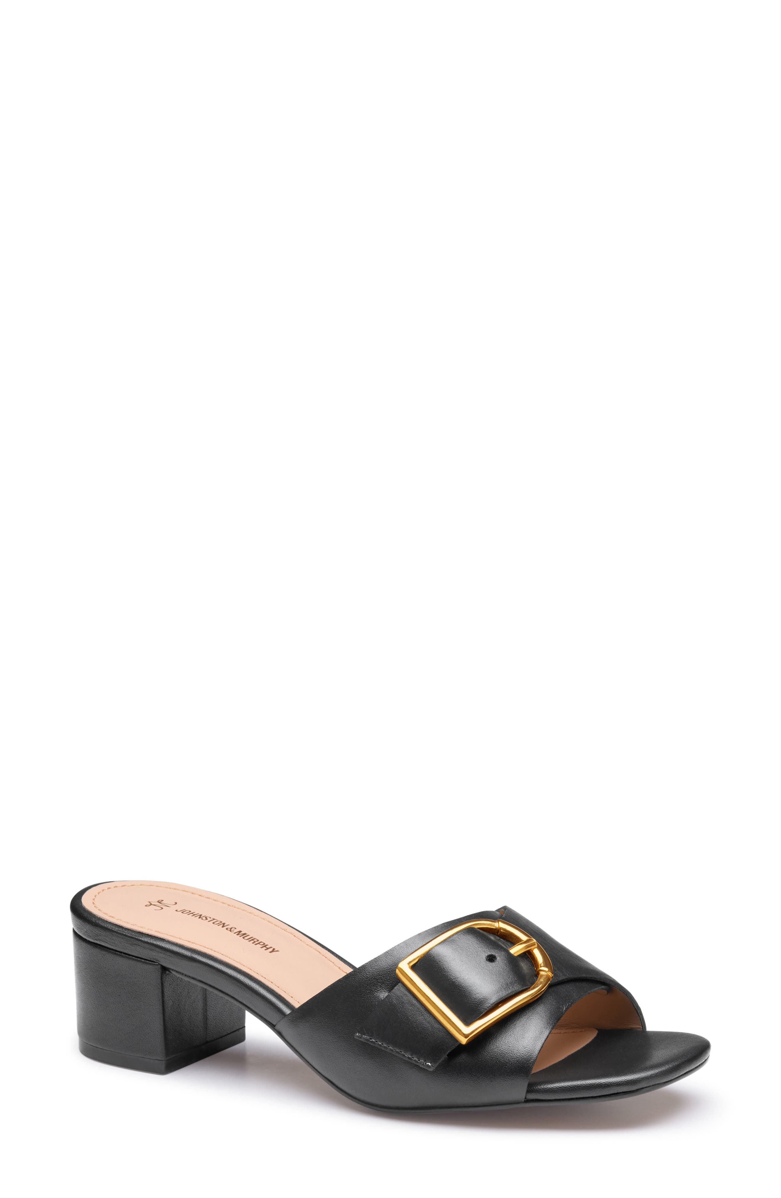 Johnston & Murphy Edith Buckle Slide Sandal, Main, color, Black Glove Leather