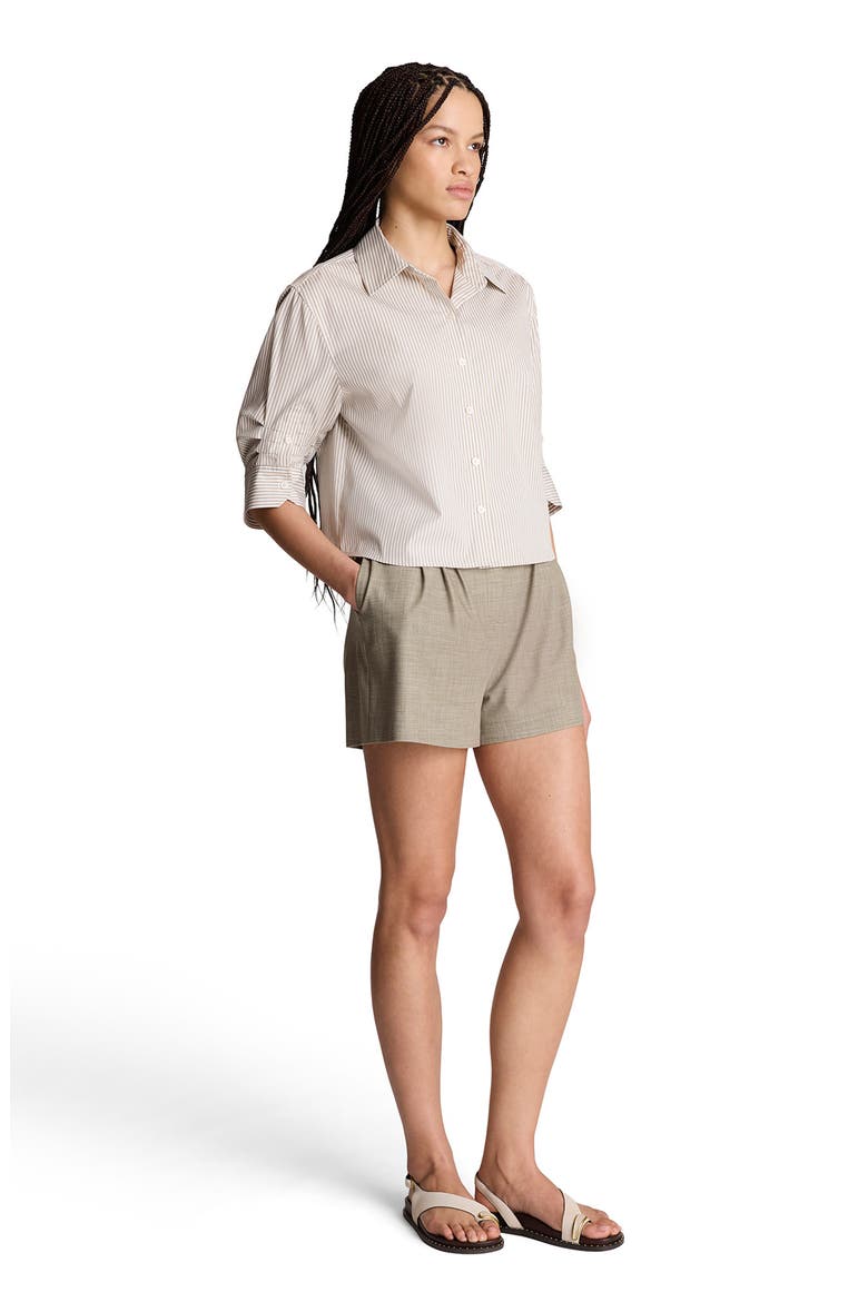 Striped Cropped Shirt with Pleated Three-Quarter Sleeves, Alternate, color, TEA LEAF/ PURE WHITE