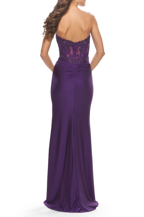 La Femme Long Dress With Jersey Skirt And Lace Illusion Bodice In Royal Purple