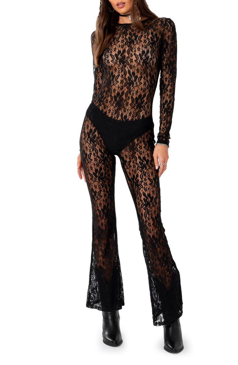 EDIKTED Let it B Sheer Lace Open Back Jumpsuit, Main, color, 