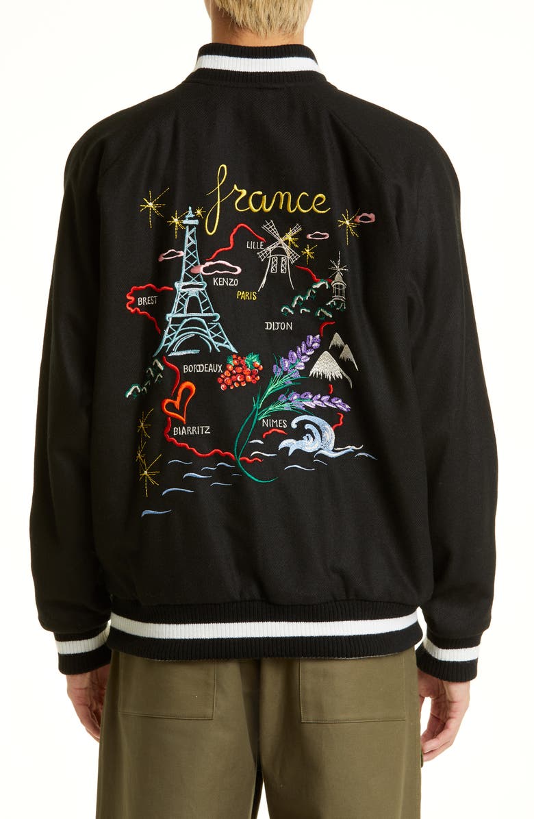 KENZO Souvenir Floral Embroidered Reversible Wool & Satin Bomber Jacket, Alternate, color,