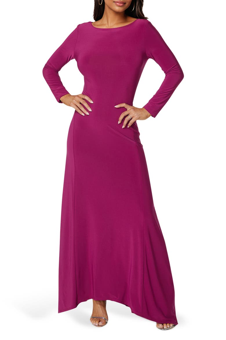 Cowl Back Long Sleeve Sharkbite Hem Maxi Dress, Main, color, FUCHSIA