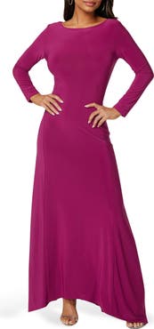 bebe Cowl Back Long Sleeve Sharkbite Hem Maxi Dress