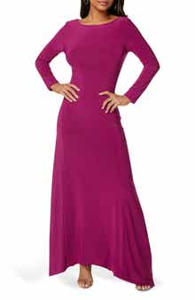 bebe Cowl Back Long Sleeve Sharkbite Hem Maxi Dress