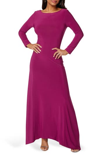 Bebe Cowl Back Long Sleeve Sharkbite Hem Maxi Dress In Purple