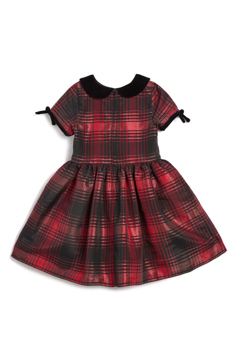 Pippa & Julie Kids' Molly Metallic Plaid Velvet Trim Dress, Alternate, color, Red Check