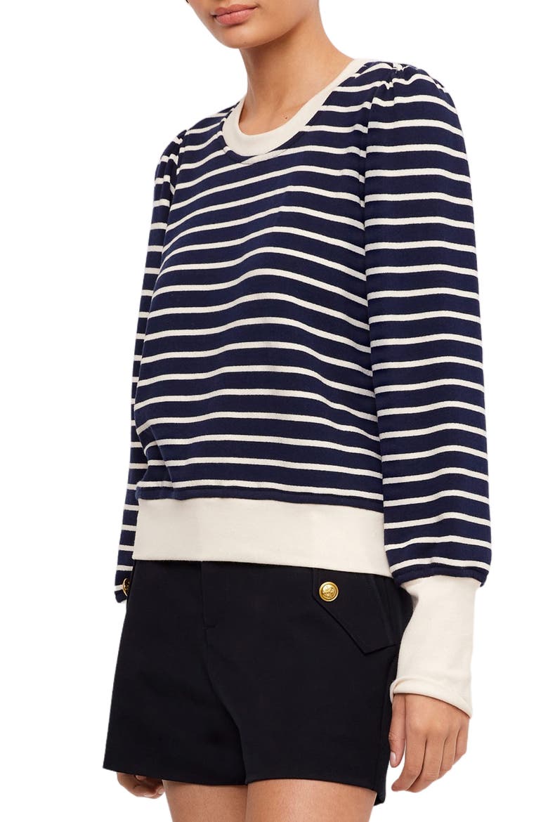 Striped Contrast Bishop Sleeve Cotton Top, Alternate, color, NAVY W/ OFF WHITE