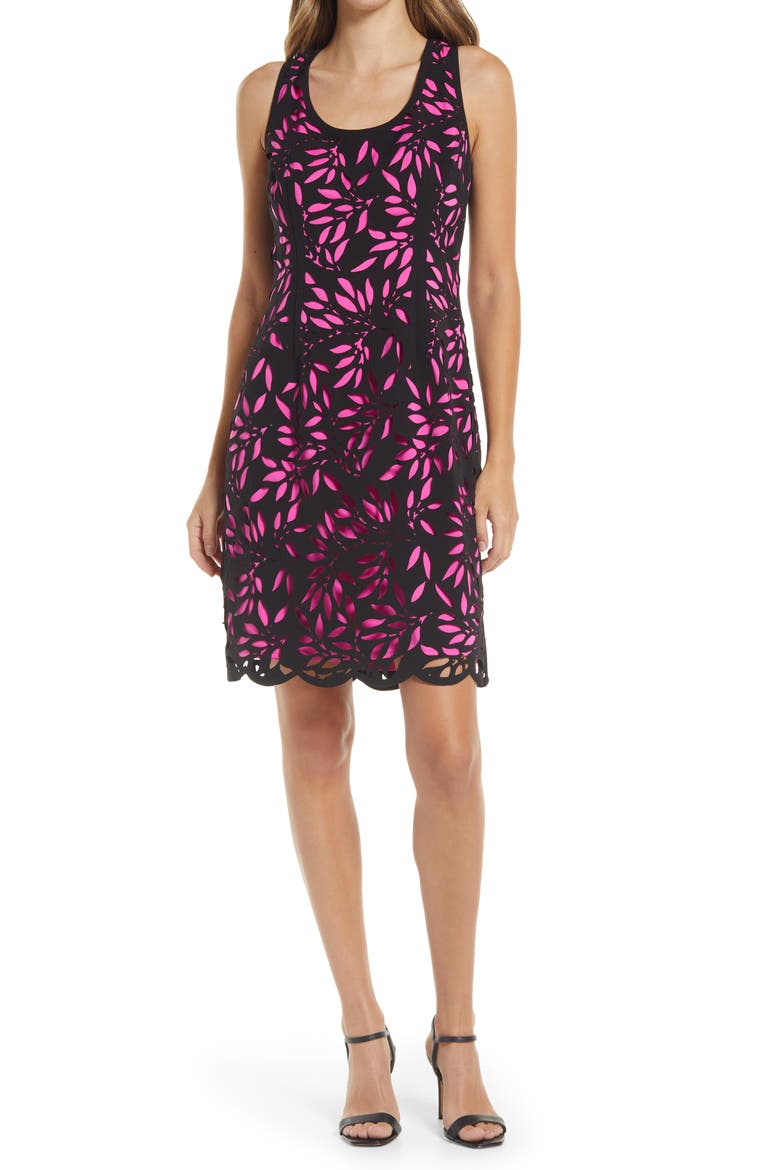 Laser Cut Lace Sheath Dress, Main, color, BLACK/ FUCHSIA