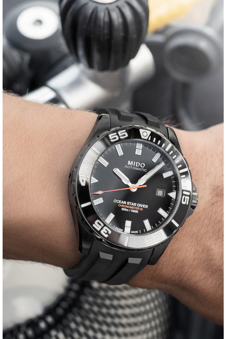 Ocean Star Diver 600 Automatic Rubber Strap Watch, 43.5mm, Alternate, color, BLACK/ SILVER