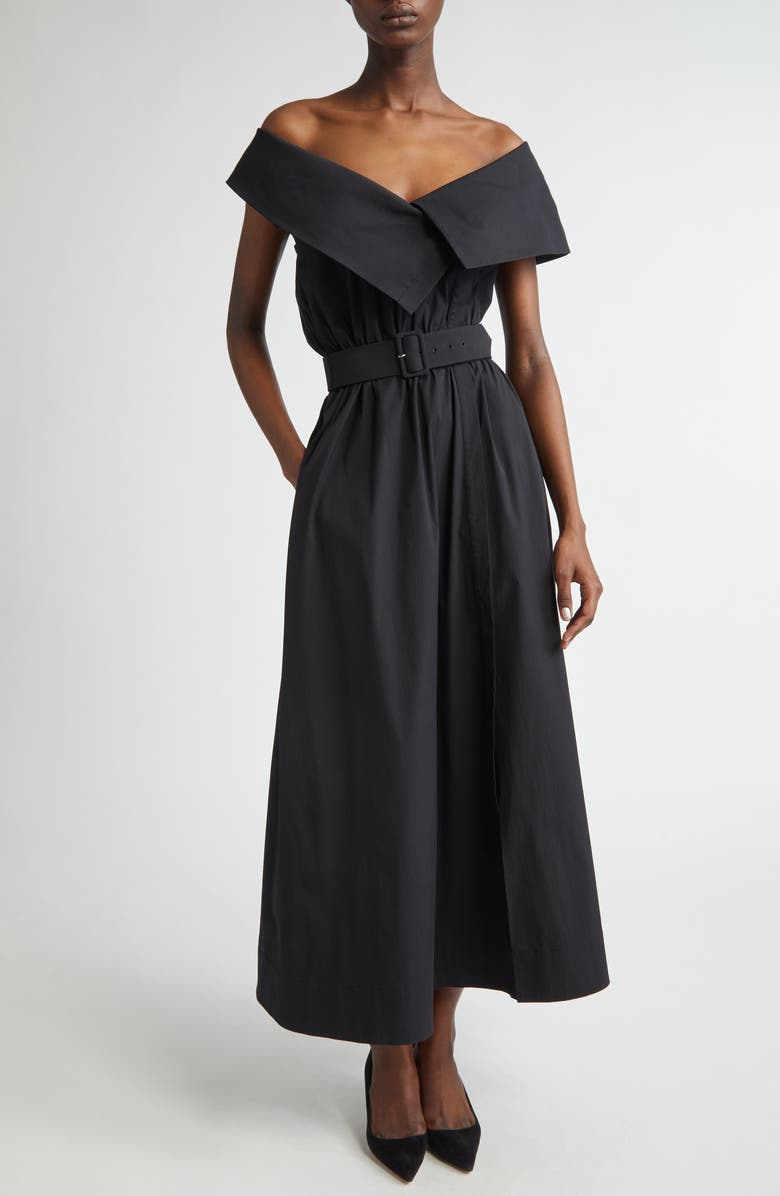 Lela Rose Asymmetric Portrait Collar Belted Shirtdress, Main, color, Black