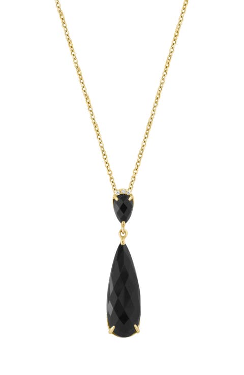 14K Yellow Gold Diamond & Onyx Teardrop Pendant Necklace