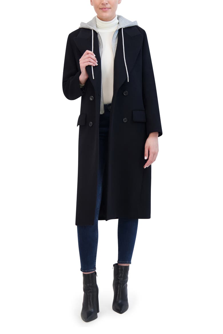 Double Breasted Longline Coat with Jersey Hooded Bib, Alternate, color, BLACK/ GREY