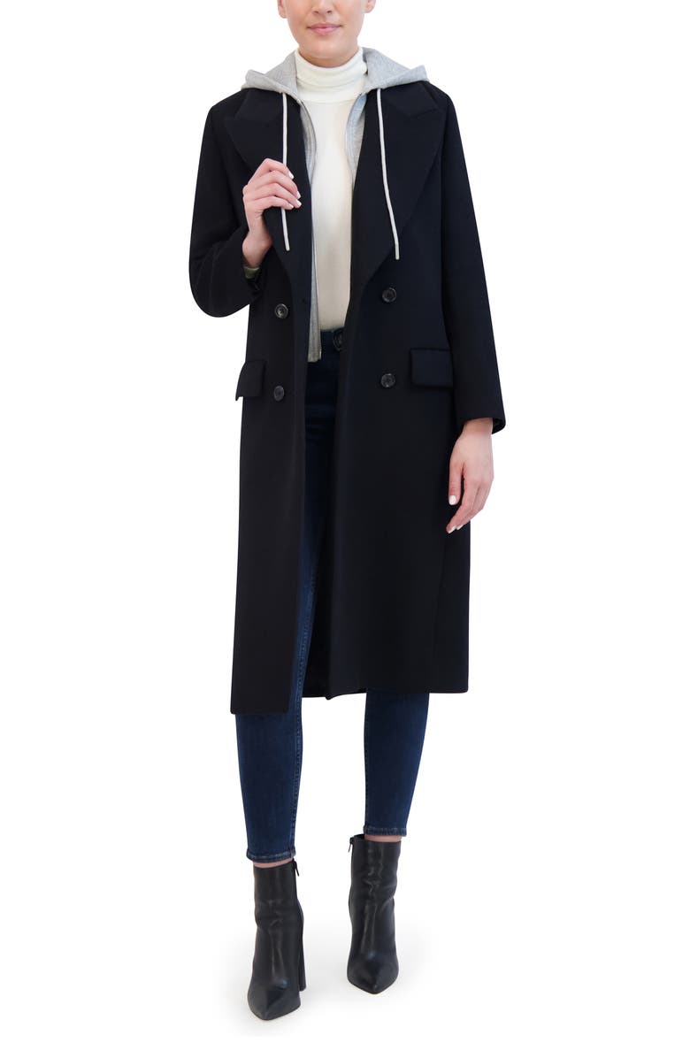Rebecca Minkoff Double Breasted Longline Coat with Jersey Hooded Bib, Alternate, color, Black/ Grey