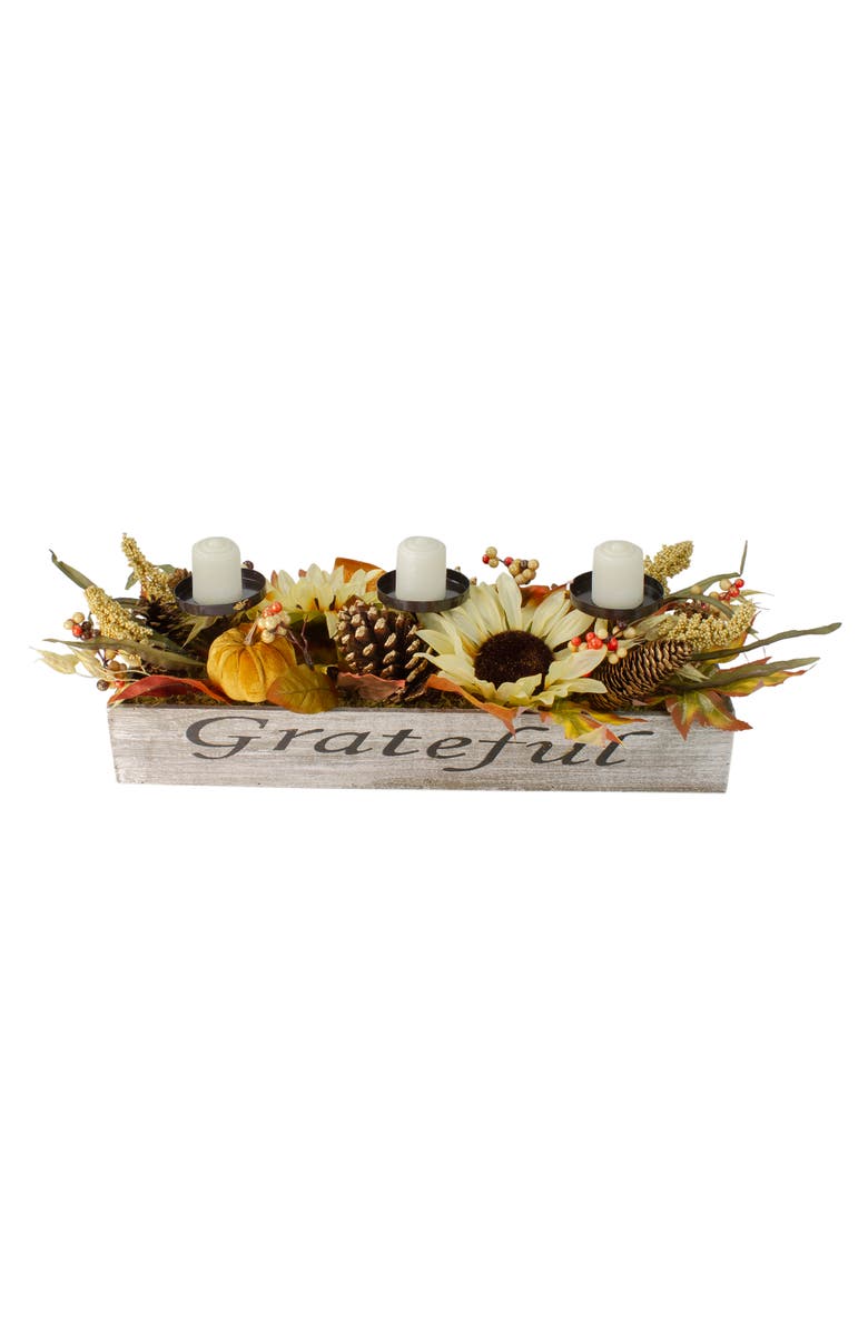 Northlight Autumn Sunflower "Grateful" Triple Candle Holder Centerpiece - 30", Alternate, color, 