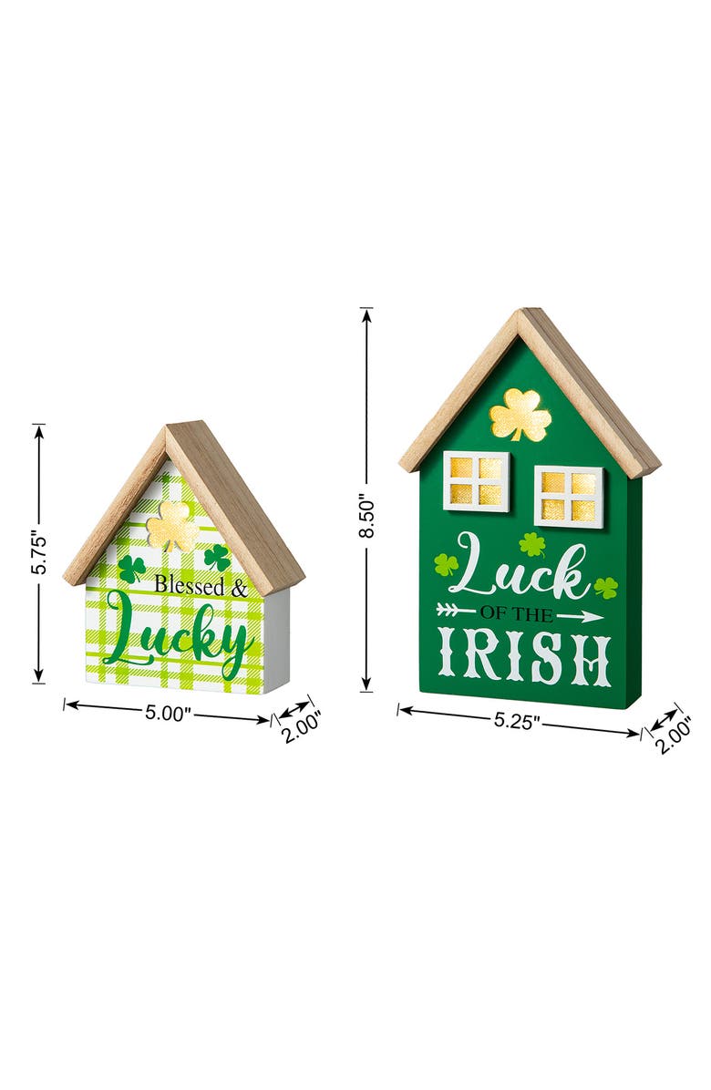Glitzhome Set of 2 Lighted St. Patrick's Wooden House-shaped Table Decor, Alternate, color, Green
