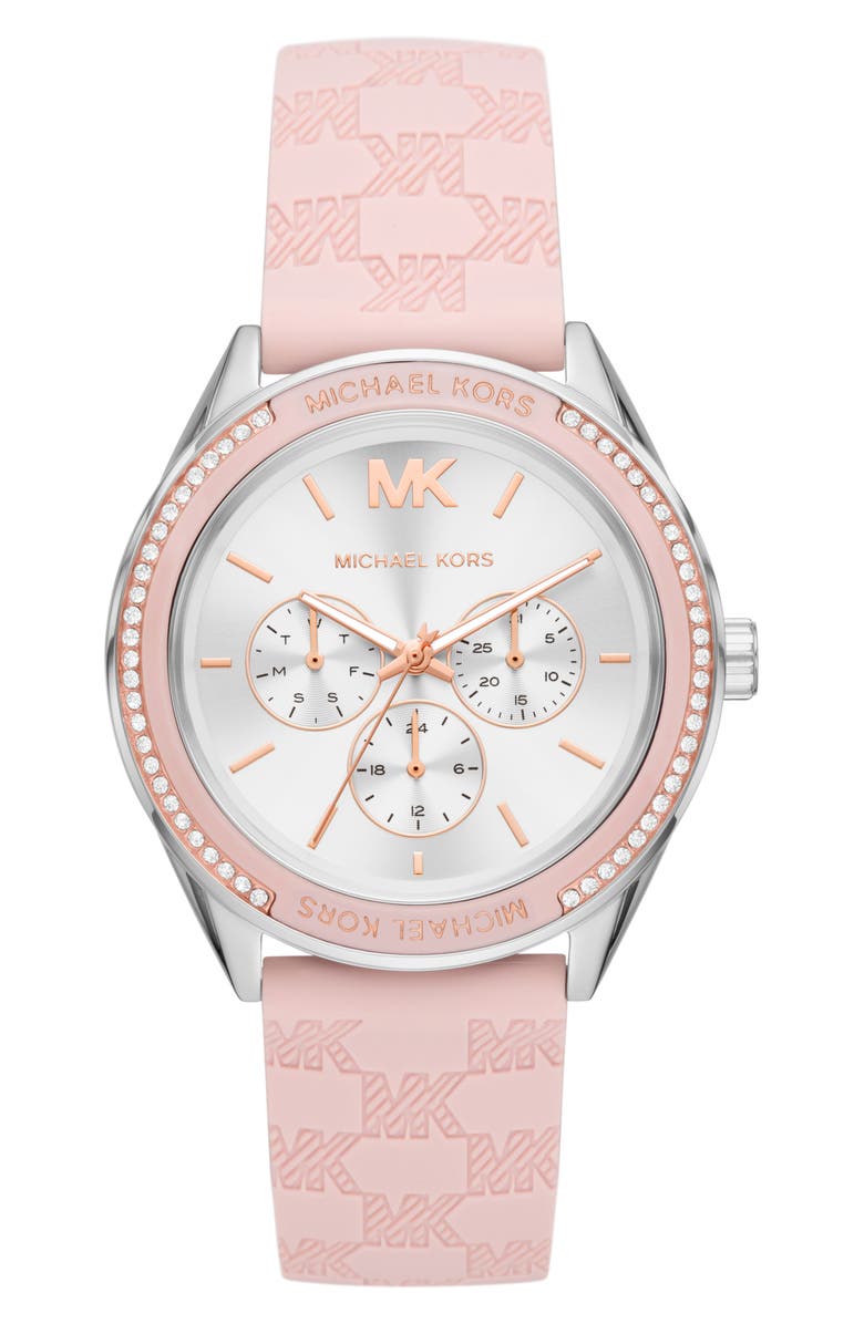 Michael Kors Jessa CZ Embellished Multifunction Silicone Strap Watch, 40mm, Main, color, 