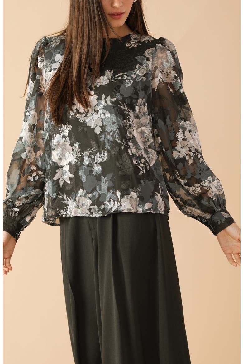 Floral Tie Back Long Sleeve Top, Alternate, color, BLACK