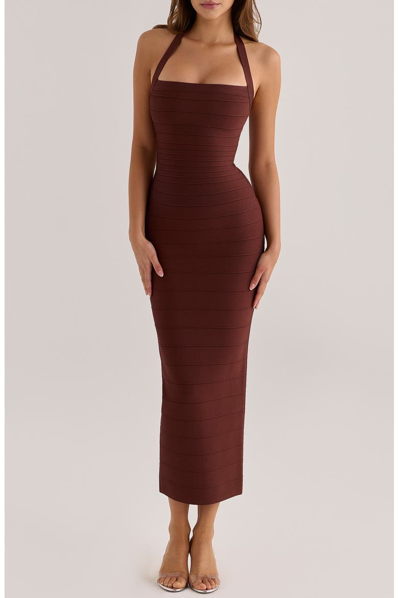 The Silhouette Halter Midi Dress, Main, color, CHOCOLATE
